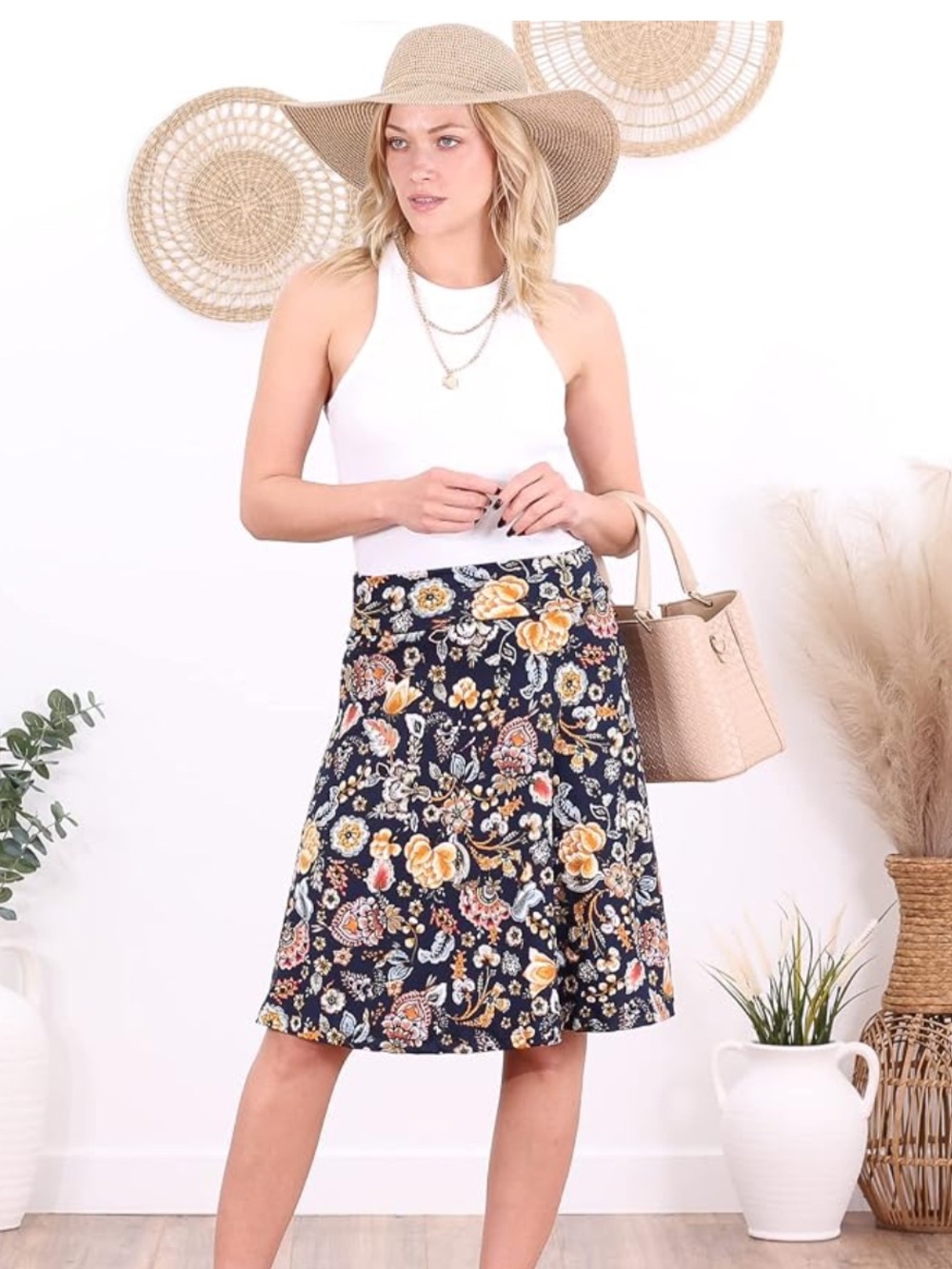 Popana Boho Floral Paisley Pull-On Midi Skirt A-Line Stretch Made in USA  Large
